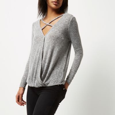 Grey strappy wrap front top
